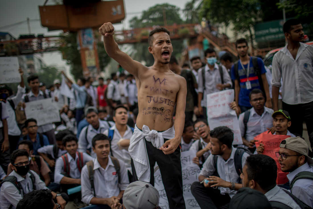 Students gathered at Elephant Road Circle, demanding better road safety and justice for traffic deaths, in Dhaka, Bangladesh,